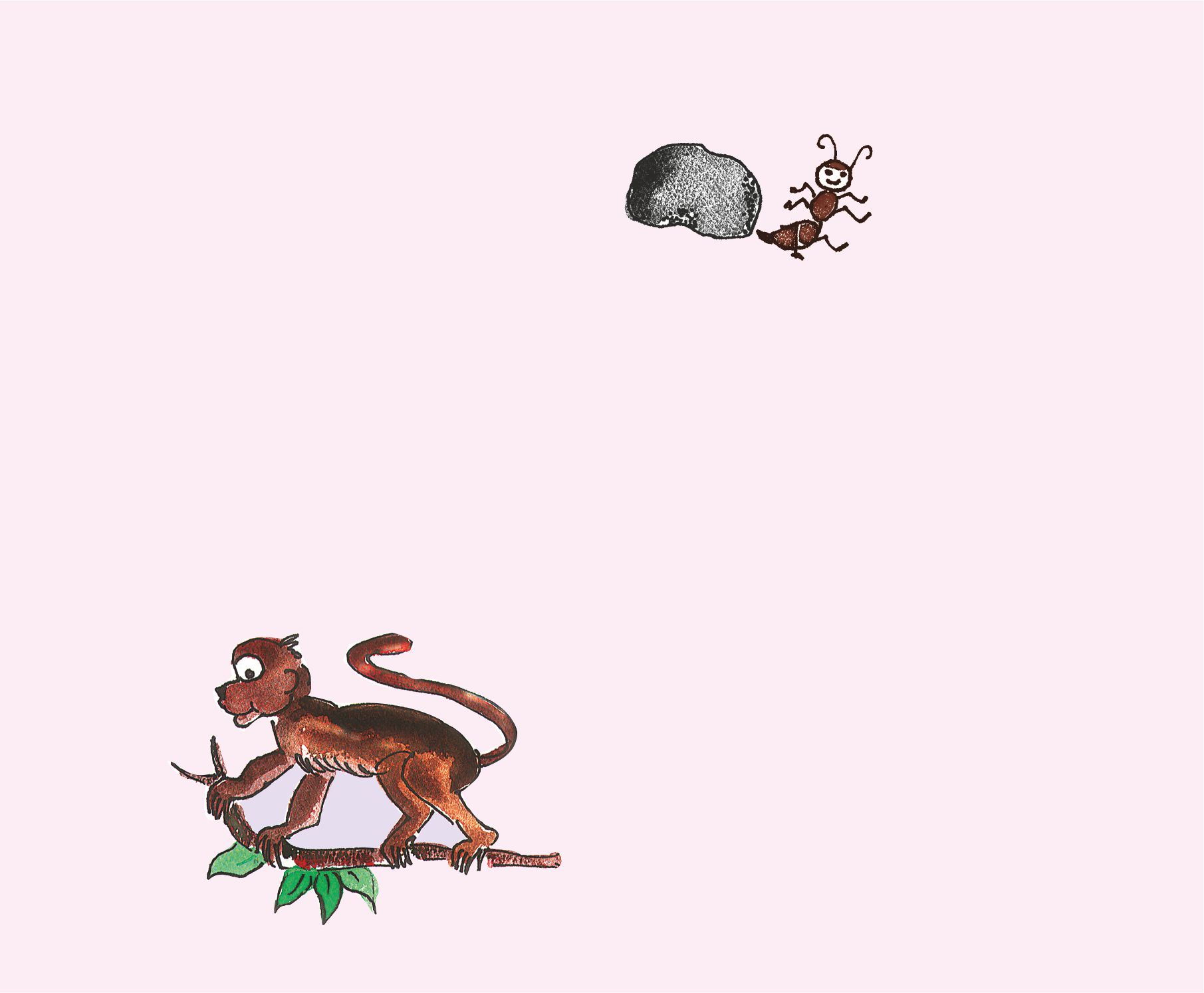 बॉक्स के एक कोने पर एक पत्थर और एक चींटी और बॉक्स के आधार पर एक बंदर है। 