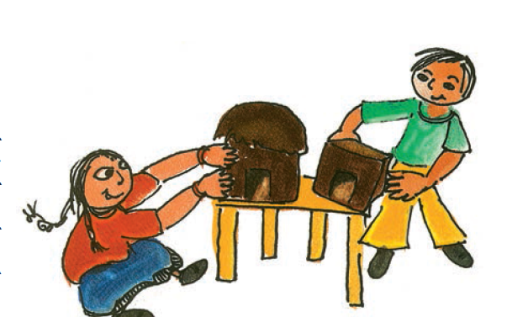 एक लड़की और एक लड़का ने अपने मिट्टी के घरों को  एक मेज पर रखा हुआ है।  