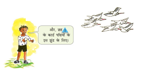 एक लड़का छह पक्षियों के समूह के लिए छह त्रिभुज आकार के कार्डों का उपयोग कर रहा है जिनमें प्रत्येक कार्ड पर नंबर एक लिखा है।
