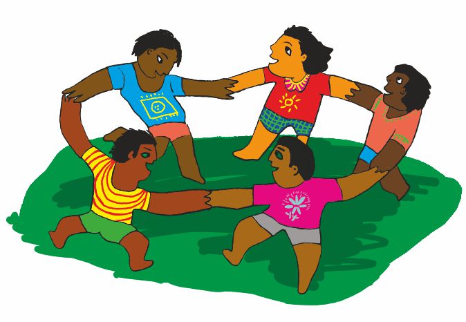 कुछ बच्चे एक घेरे में खड़े हैं।