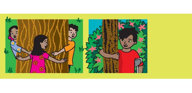 Three children are holding a thick trunk tree and one boy is holding a thin trunk tree.