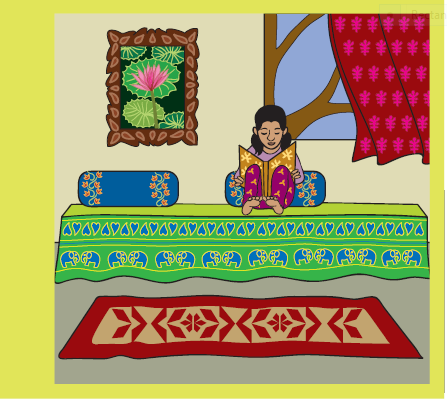 A girl is sitting on a bed and studying. There is a carpet on the floor, a painting of flower is hanging on the wall and the window is closed half by a curtain. 