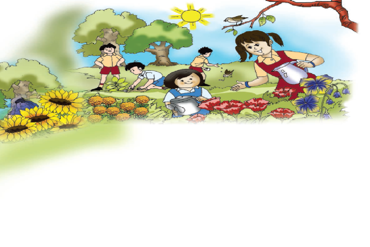 Girls are watering the plants and boys are digging the soil.