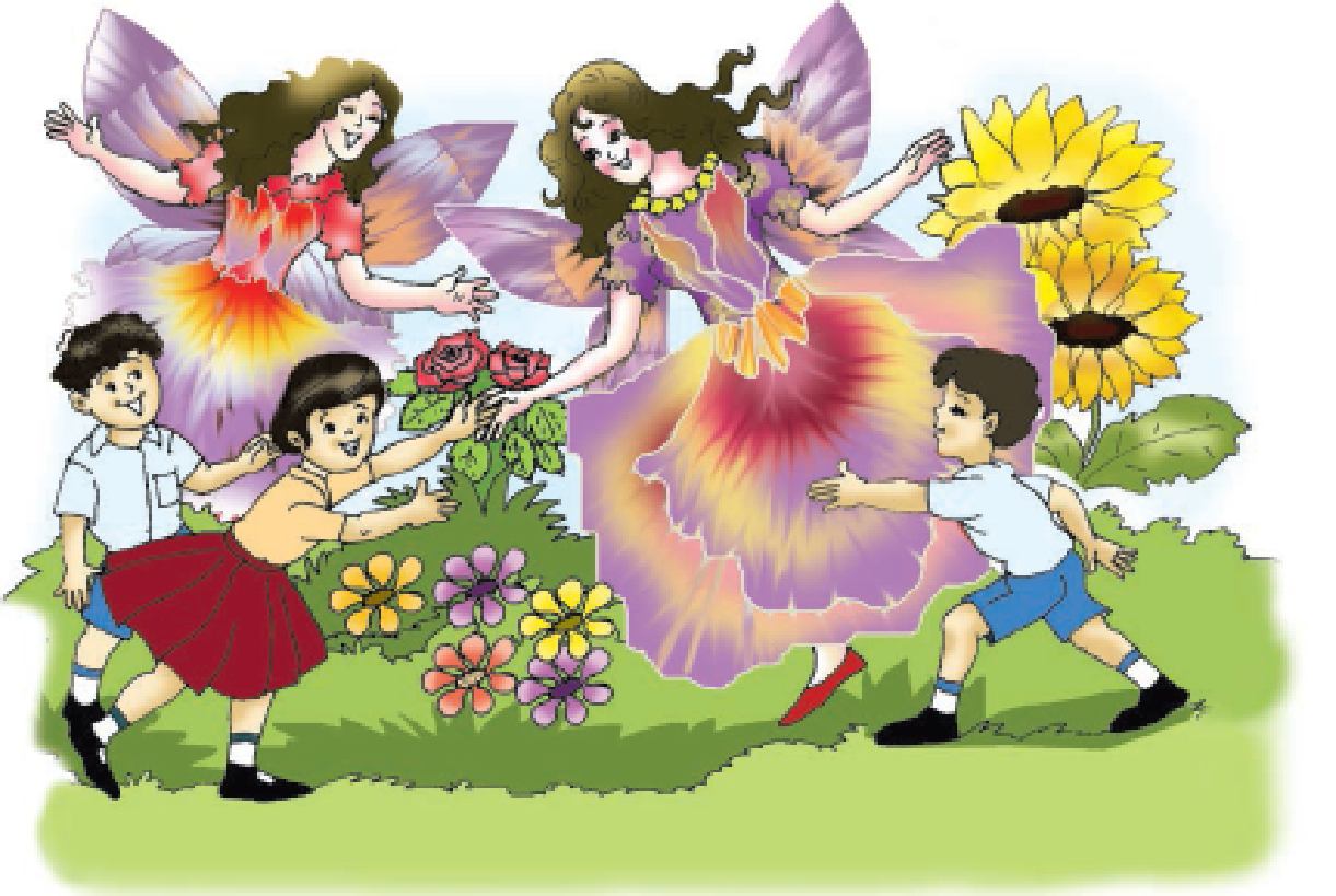 Fairies dancing and talking to children in the garden.
