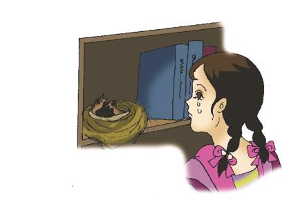 Girl looking at the baby sparrows in nest.