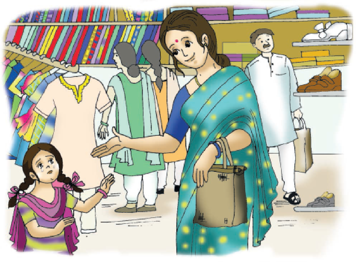 A woman talking to a little girl.