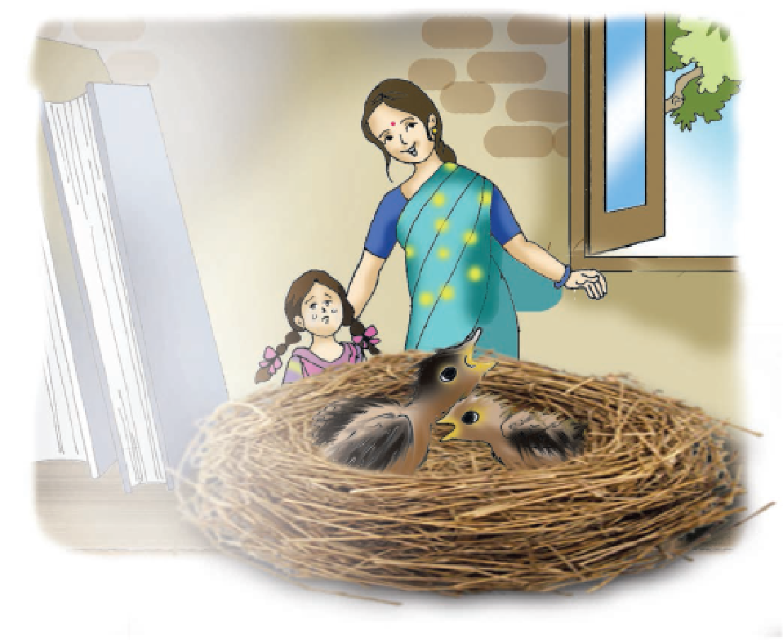 A girl in tears and a woman are watching baby sparrows in a nest.