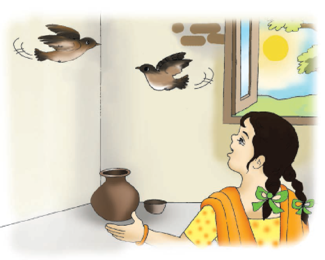 Two sparrows are flying in the room and girl is watching them in surprise.