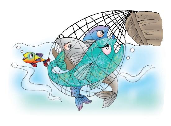 Few fish caught in a big net falling from a boat in the sea.