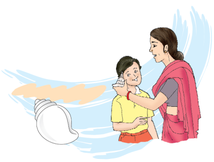 Woman holding the shell near boy's ear.