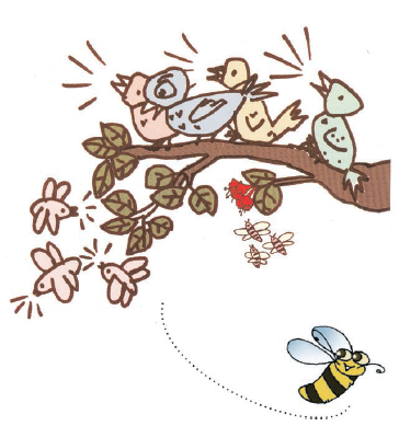 Some birds chirping on the tree branch and a honey bee flying nearby.