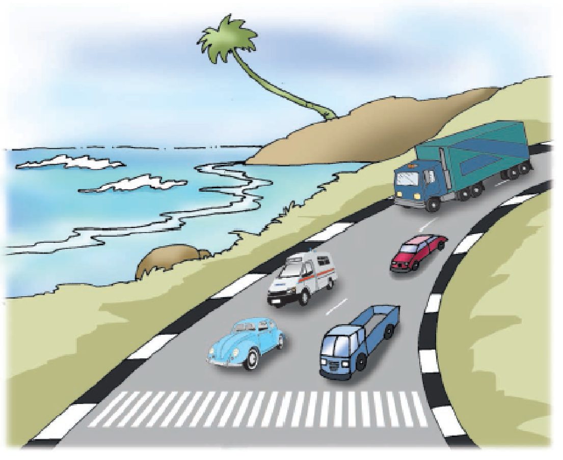 Some vehicles stopped before the zebra crossing on the road besides a sea.