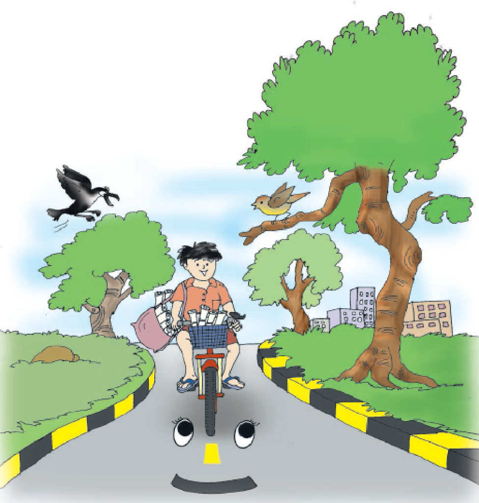 A newspaper boy riding bicycle on the road.