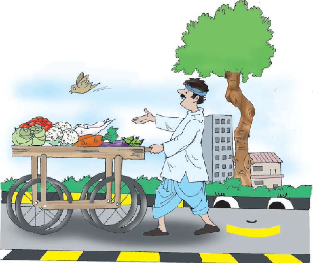 A vegetable man walking on the road with  his vegetable cart.