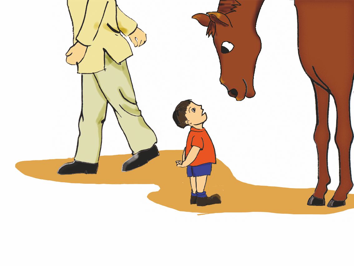 A little boy is looking at a horse and a man is passing by.