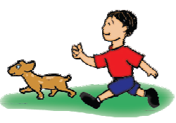 A boy running after a puppy.