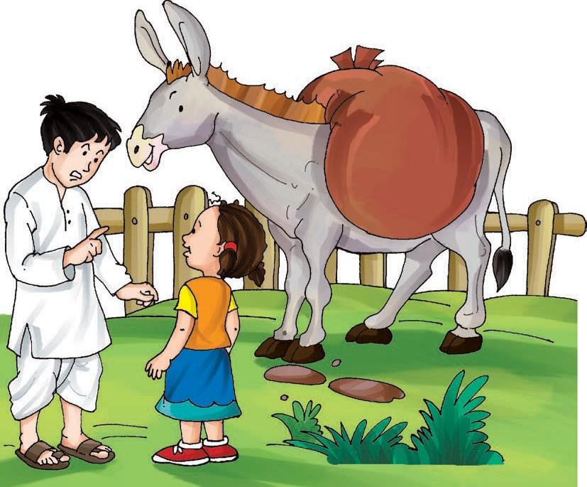 Boy explaining something to the little girl standing next to a donkey.