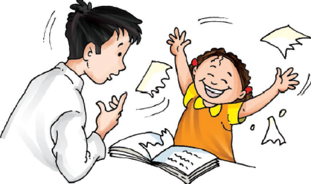 Boy is surprised as the girl tears off a paper from book.