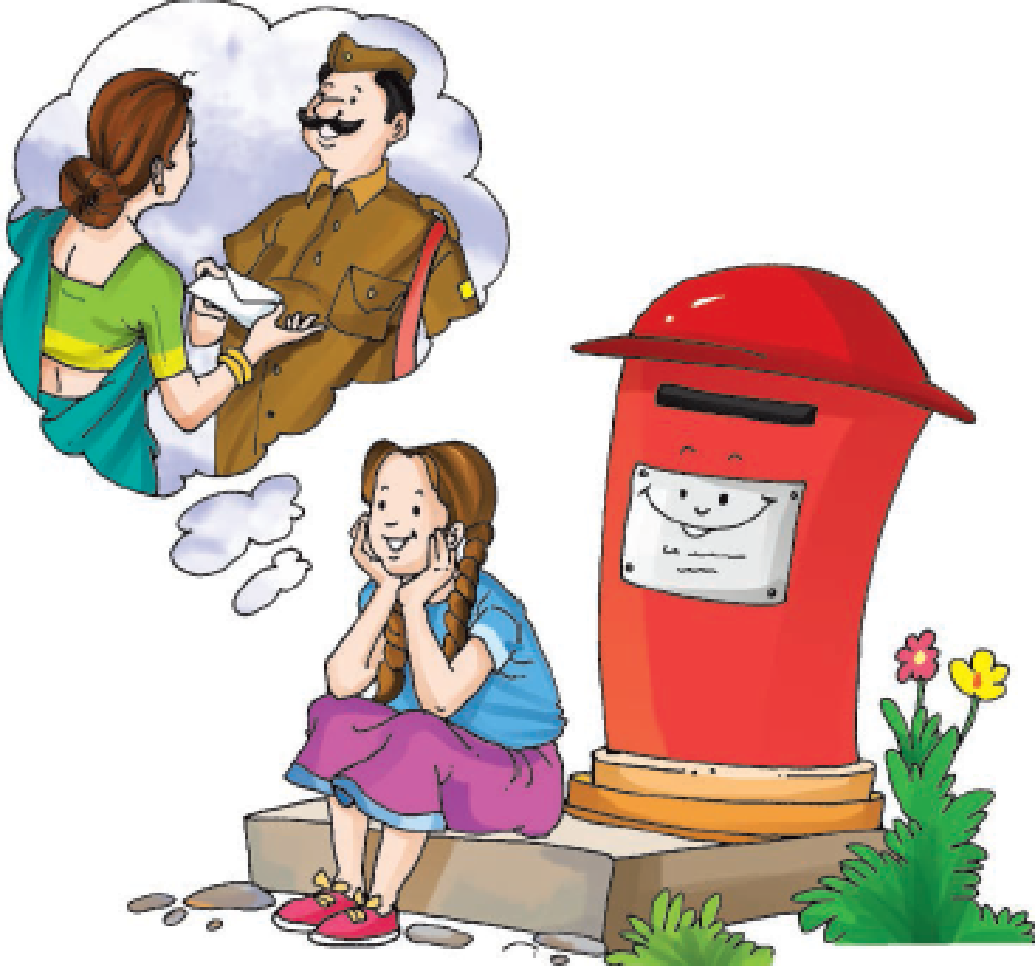 Girl sitting and dreaming of a postman delivering letter to a woman.