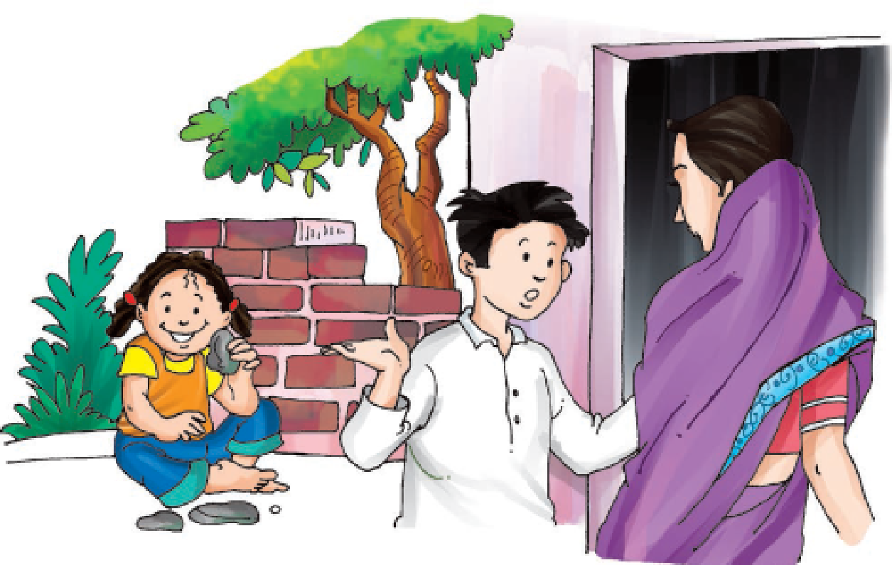 Boy talking to a woman and a little girl is playing with pebbles.