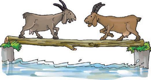 Two goats facing each other on wood log over a flowing river.