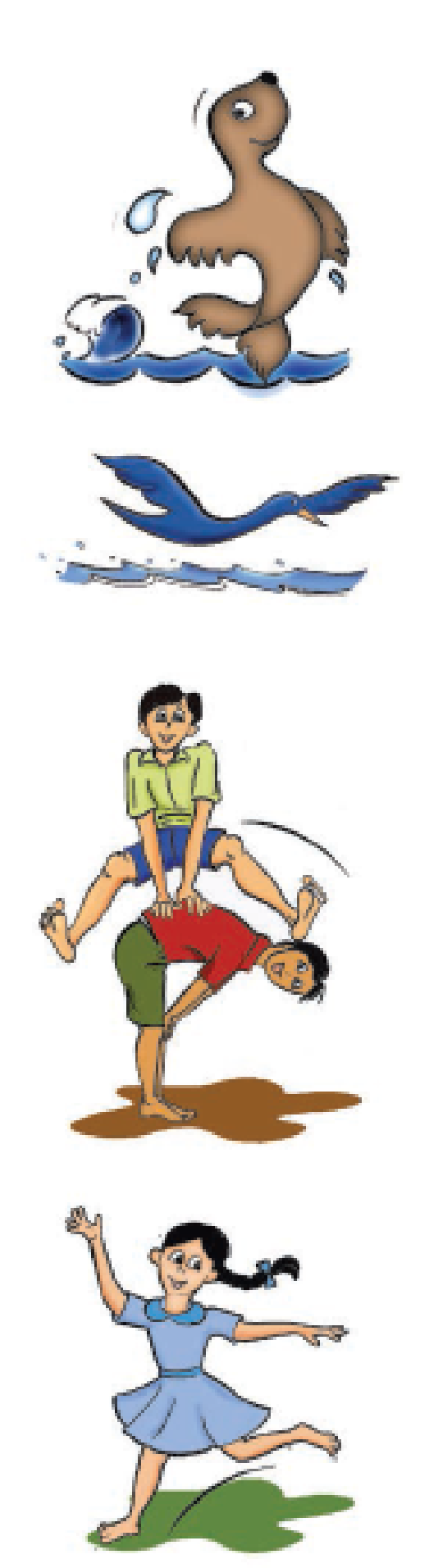 Image of a seal diving in water, a boy jumping over another boy and a girl running.