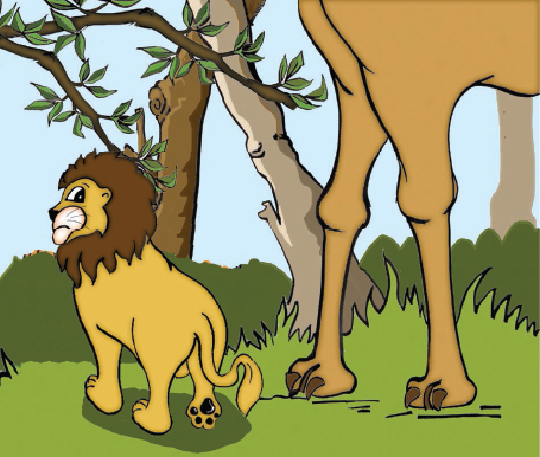 Lion showing its padded feet to the camel.