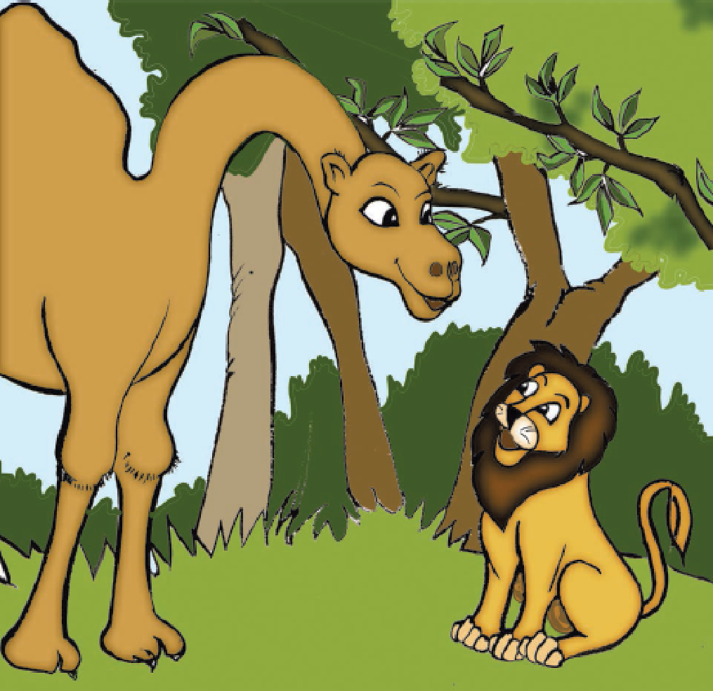 Camel and lion smiling while talking to each other.