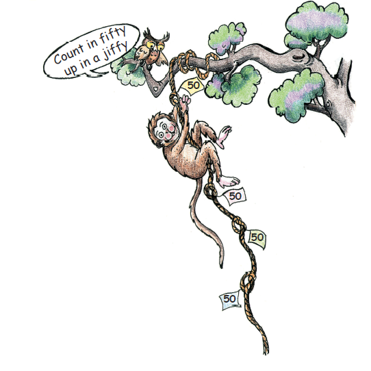 A monkey hanging with a rope which has tags of 50 attached to it. An owl sitting on the tree and saying, " Count in fifty up in a jiffy."