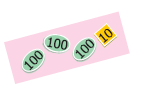 Three circle cards with 100 written on each and one square card with 10 written on it.