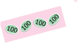 Four circle cards with 100 written on each.