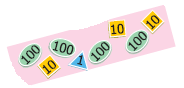 Four circle cards with 100, three square cards with 10 and one triangle card with 1 written on each.