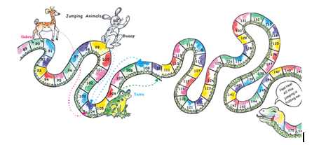 A snake has counting written in blocks on its body and a deer, a rabbit and a frog are jumping on numbers.
