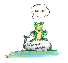 A frog is sitting on a stone and saying, "Join In!"  Jumping school is written on the stone.