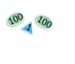 Two circle cards with 100 written on each and one triangle card with 1 written on it.