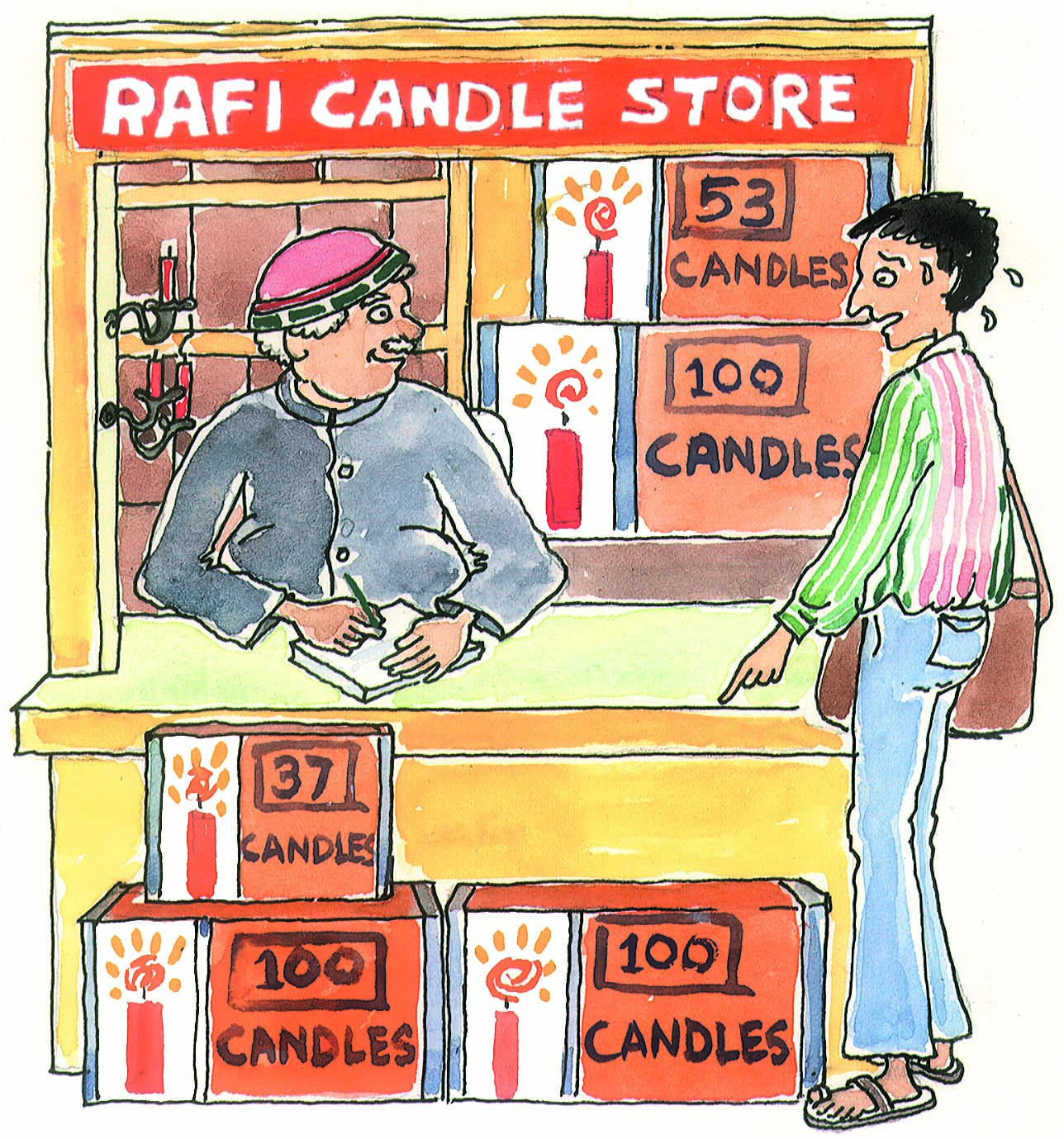 Shopkeeper sitting in a candle shop and a man is standing at the shop.