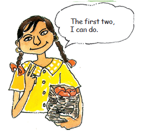 A girl holding a packet of apples.