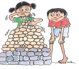 A boy and a girl collecting pebbles.