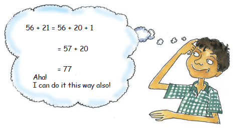 A boy thinking of the answer for 56+21.