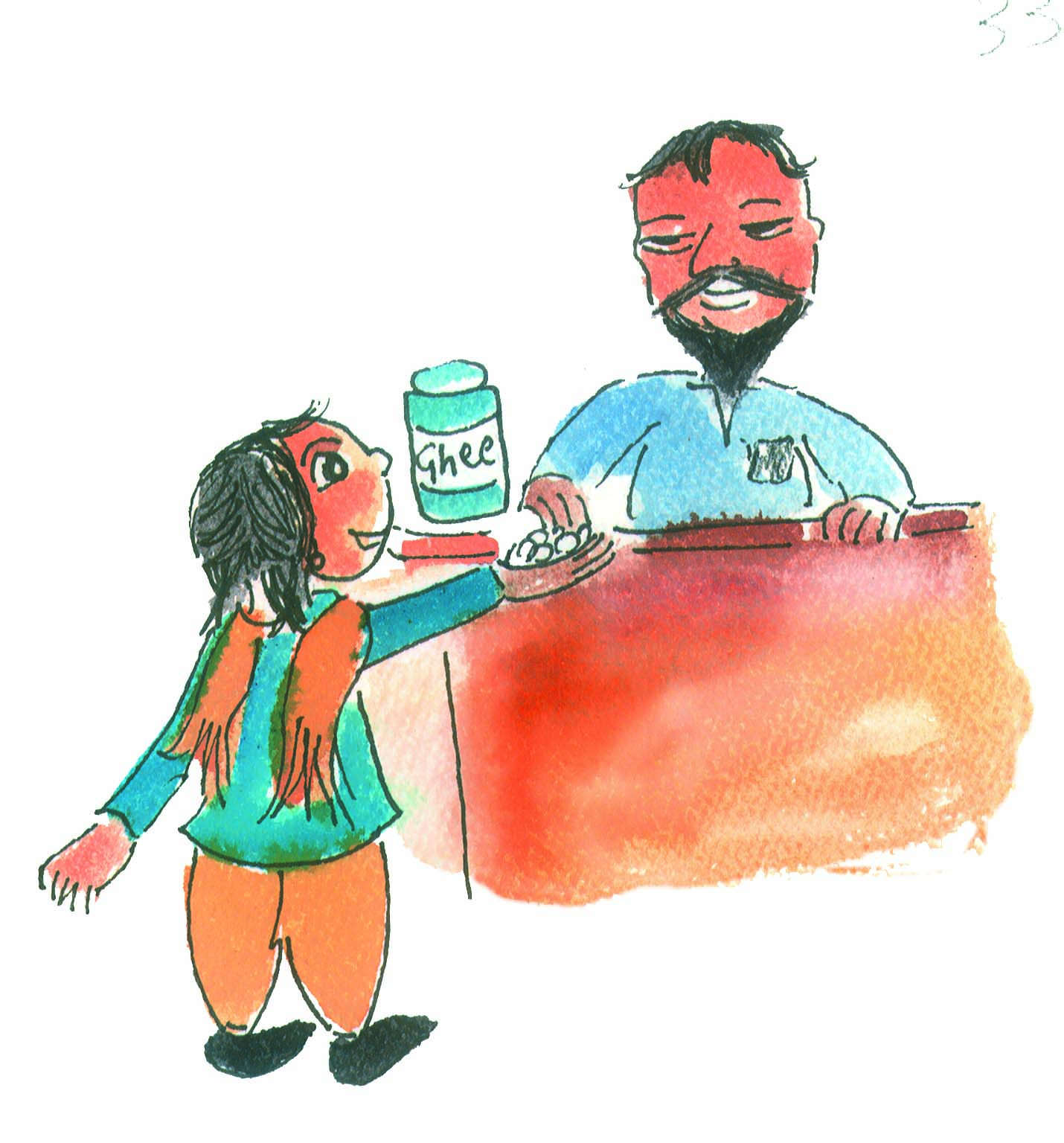 A girl purchasing ghee from a shopkeeper.