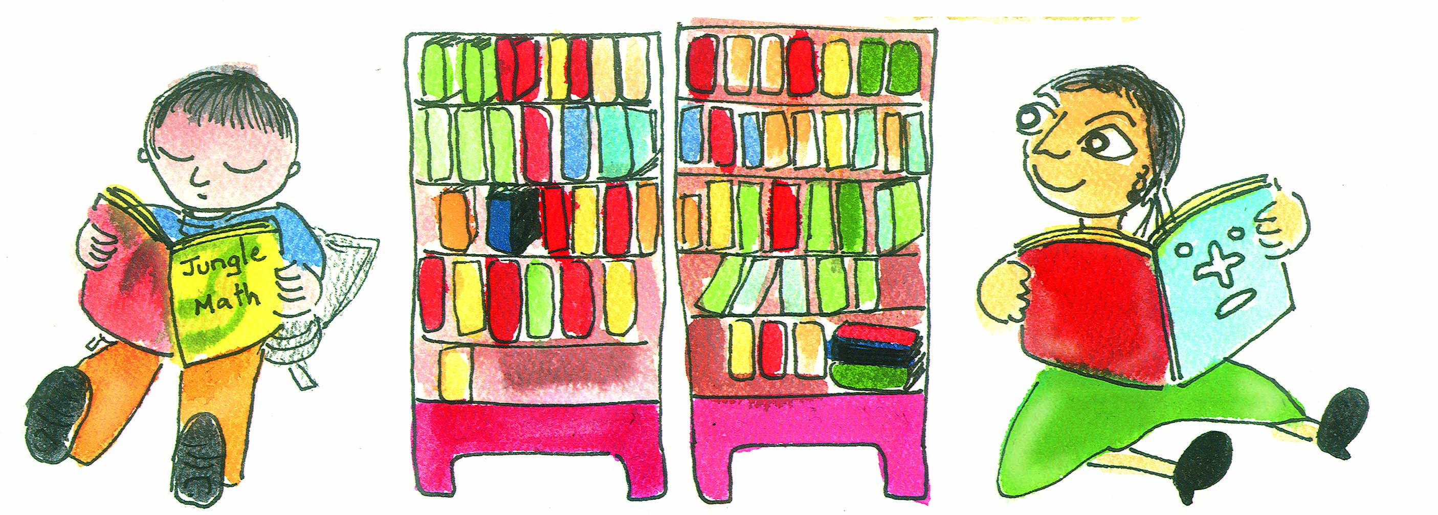 Children reading books in a library.