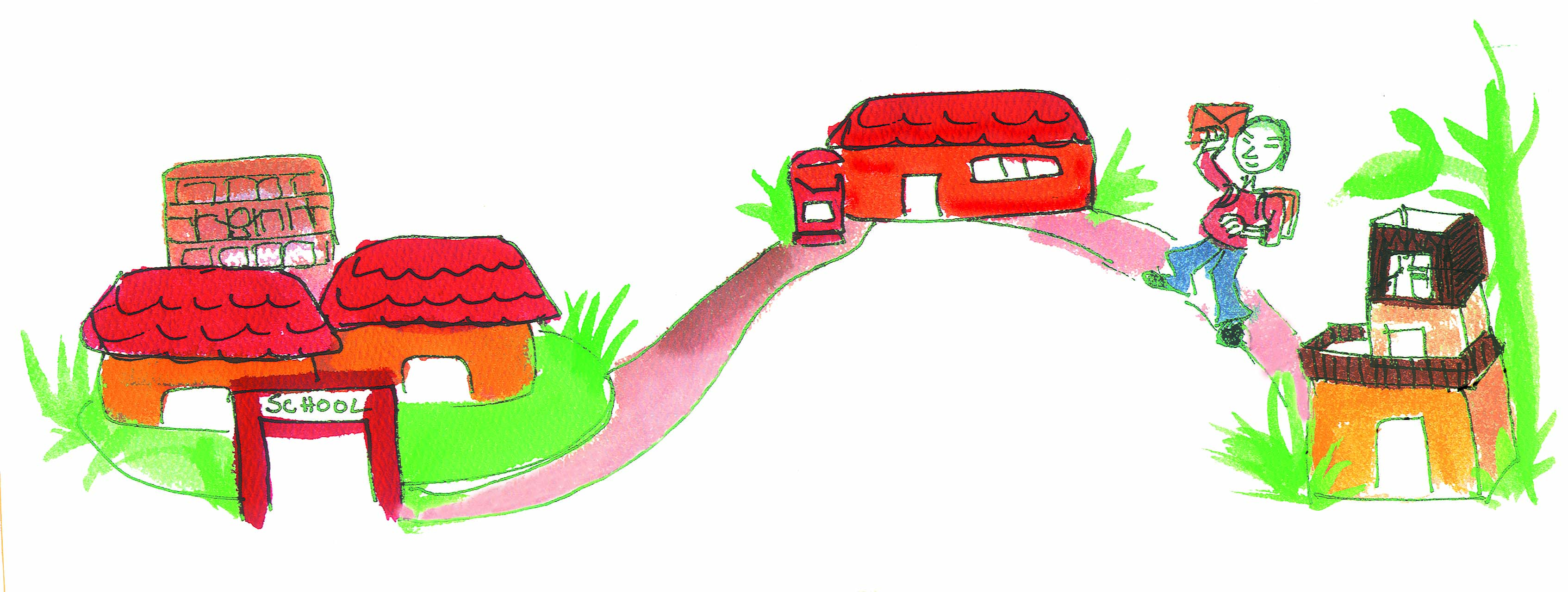 Picture of a school building followed by a house at some distance and then a boy coming out of the post office.