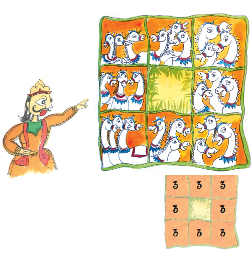 A king counting horses from a 3*3 grid with 3 horses in each box except for the middle one.