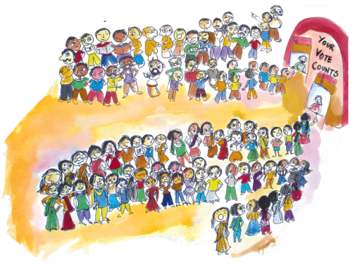 Men and women waiting outside a voting booth.