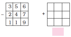 A question. 356-247=119. A blank 3*3 grid given with a + sign for solving the question further.