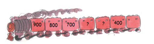 A train with seven boxes with numbers 900, 800, 700, ?, ?, 400 written on them.