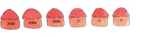 Six huts with numbers 300, 250, 200, ? ,? , ?