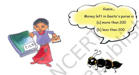 A girl holding a book with Rs. 123 written on it.