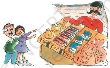 A shopkeeper selling oil at Rs. 70, Biscuits at Rs. 25, Ghee at Rs. 127 and 10kg rice bag for Rs 150.