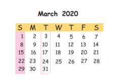 Calendar for March 2020.